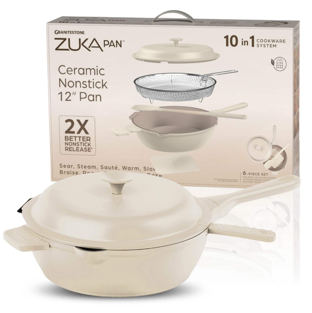 4457fcd3-e594-4d55-8bda-8a29d3c65d89.jpg Granitestone - Zuka Everyday Pan 12" Nonstick Multi-Functional Saute Pan with Lid, Nylon Spoon and Steamer Basket - Cream