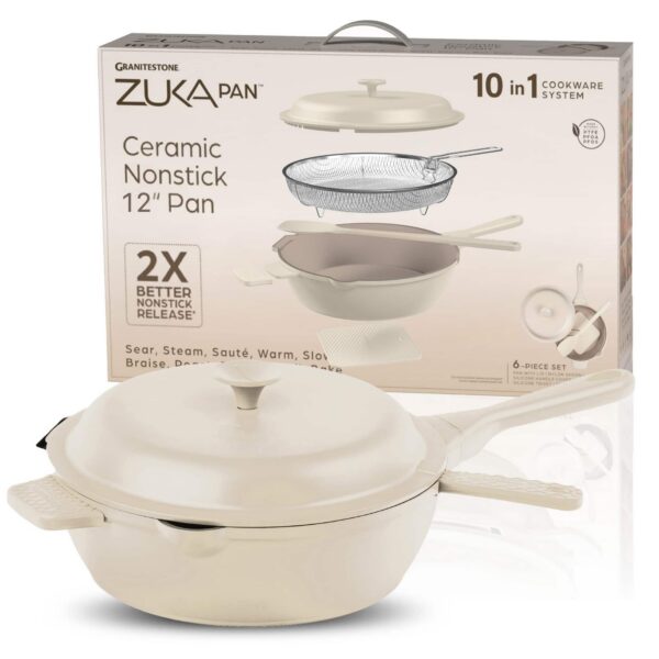 4457fcd3-e594-4d55-8bda-8a29d3c65d89.jpg Granitestone - Zuka Everyday Pan 12" Nonstick Multi-Functional Saute Pan with Lid, Nylon Spoon and Steamer Basket - Cream