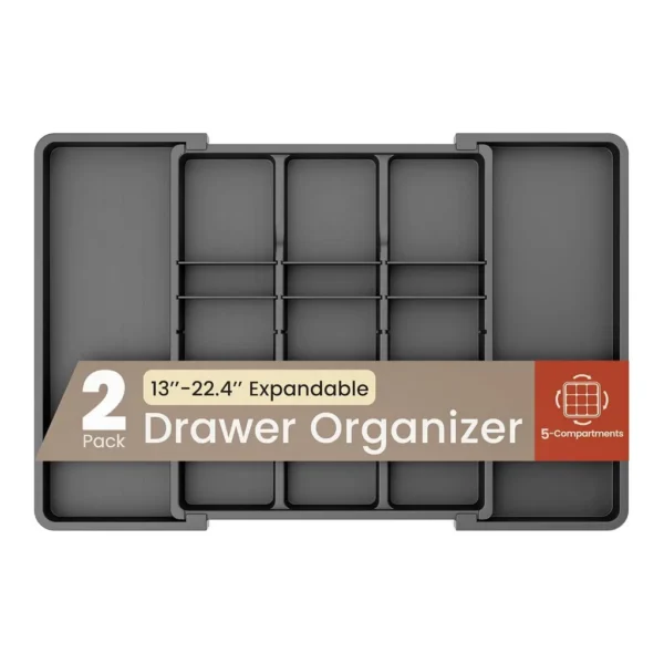 451833fe-2ea1-48af-aa7b-7b12eb57a4df.jpg Bakken- Swiss - Expandable Utensil Drawer Organizer 2-Pack – 5 Compartments, Adjustable 13"-22.4", BPA-Free & Durable - Black