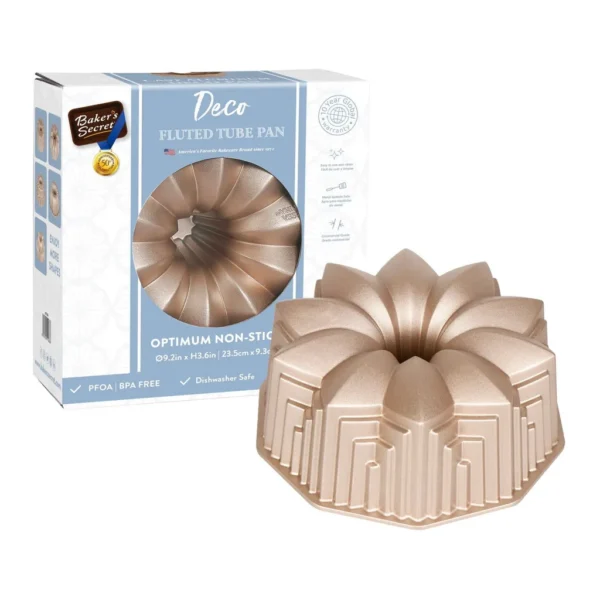 45c779a9-c2ee-4592-852f-800636c30c92.jpg Baker's Secret - Fluted Cake Pan, Cast Aluminum 2 Layers Nonstick Coating (Deco) - Champagne Gold