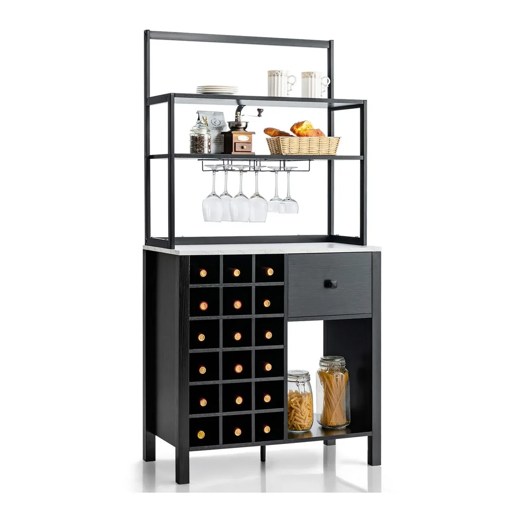 468ba38e-bf31-49bf-a841-72668ab21a84.jpg Gymax - Kitchen Bakers Rack Freestanding Wine Rack Table w/ Glass Holder & Drawer - Black
