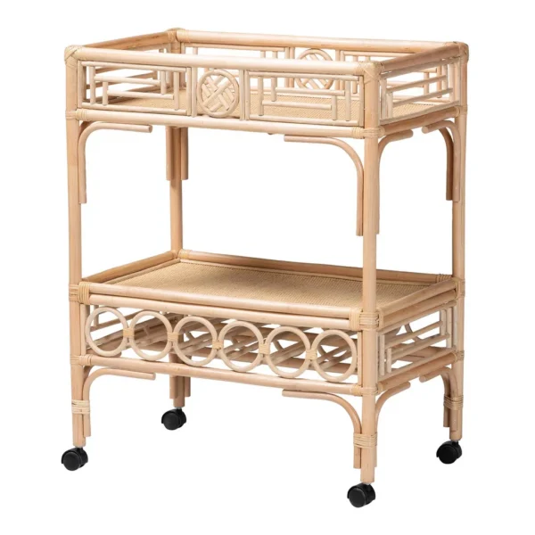 47210aa2-e9fc-4455-803b-1d1006f5d842.jpg bali & pari - Molina Natural Rattan Wine Cart - 2-Tier Beverage Trolley with Wheel and Bottle Holders, Tropical Coastal Furniture - Natural Brown/Black