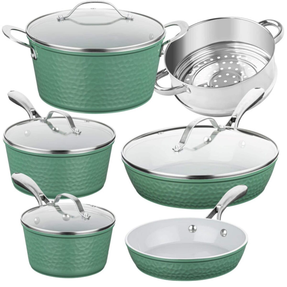48863639-00af-4c08-b9b7-b9b52c458294.jpg Gotham Steel - 10 Piece Hammered Sage Nonstick Ceramic Cookware Set - Green