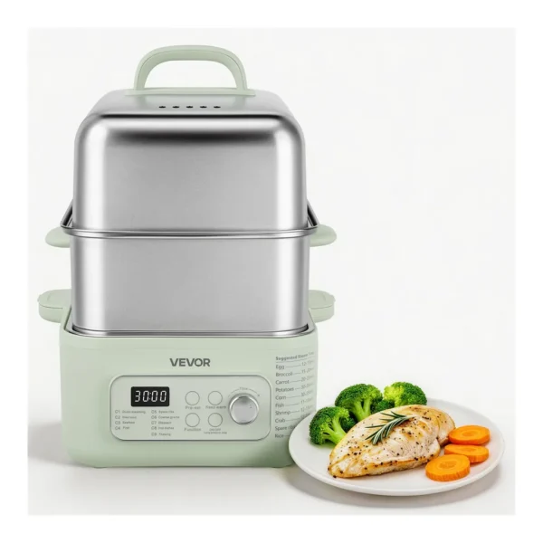 48b55a88-8011-414c-a43a-0299270e4423.jpg VEVOR DZG-008 Electric Food Steamer 13.7 QT 2-Tier Stainless Steel for 3-6 Servings, 1500W Vegetable & Meal Steamer for Cooking – Green;Silver