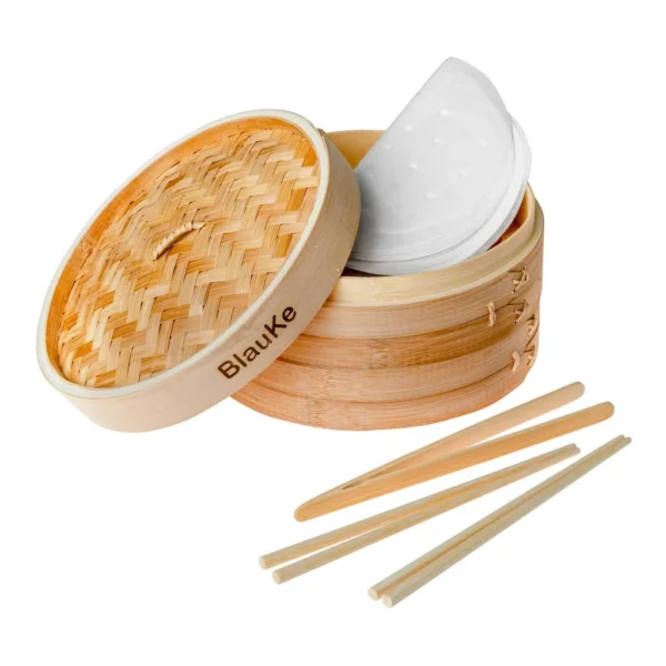 4a200128-a16e-4302-87ff-b4fc03b62d57.jpg BlauKe BSTEAMER1 Bamboo Steamer for Cooking Dumplings, Veggies, Fish, Rice - 2 Pairs Chopsticks, Tongs, 50 Paper Liners – Beige