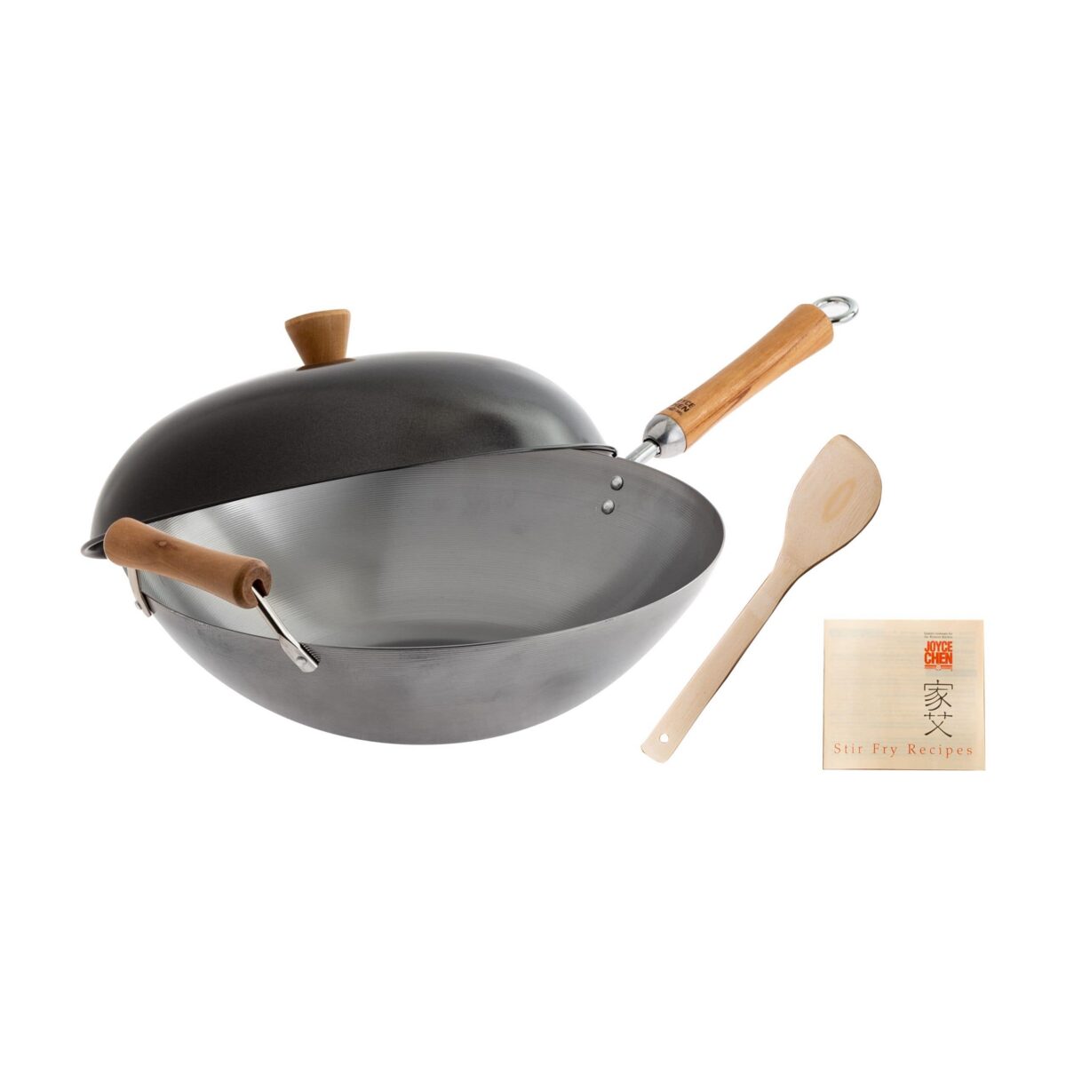 4aff6120-e371-4f48-b44d-5d37b2eb398e.jpg Joyce Chen - Classic Series 14-Inch Uncoated Carbon Steel Flat Bottom Wok Set with Lid and Birch Handles, 4 Pieces - Silver