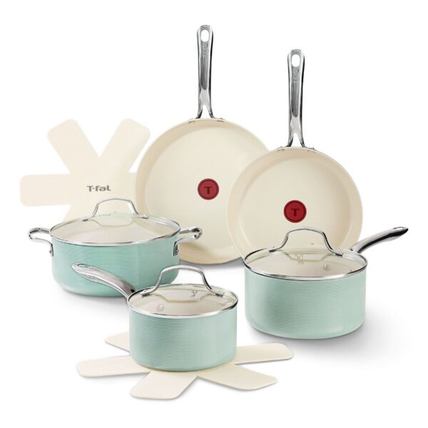4d1916e3-9ba9-42b8-88a6-e2e343125538.jpg T-Fal - 10pc Ceramic Nonstick Cookware Set, Inspire Ceramic - Mint Green