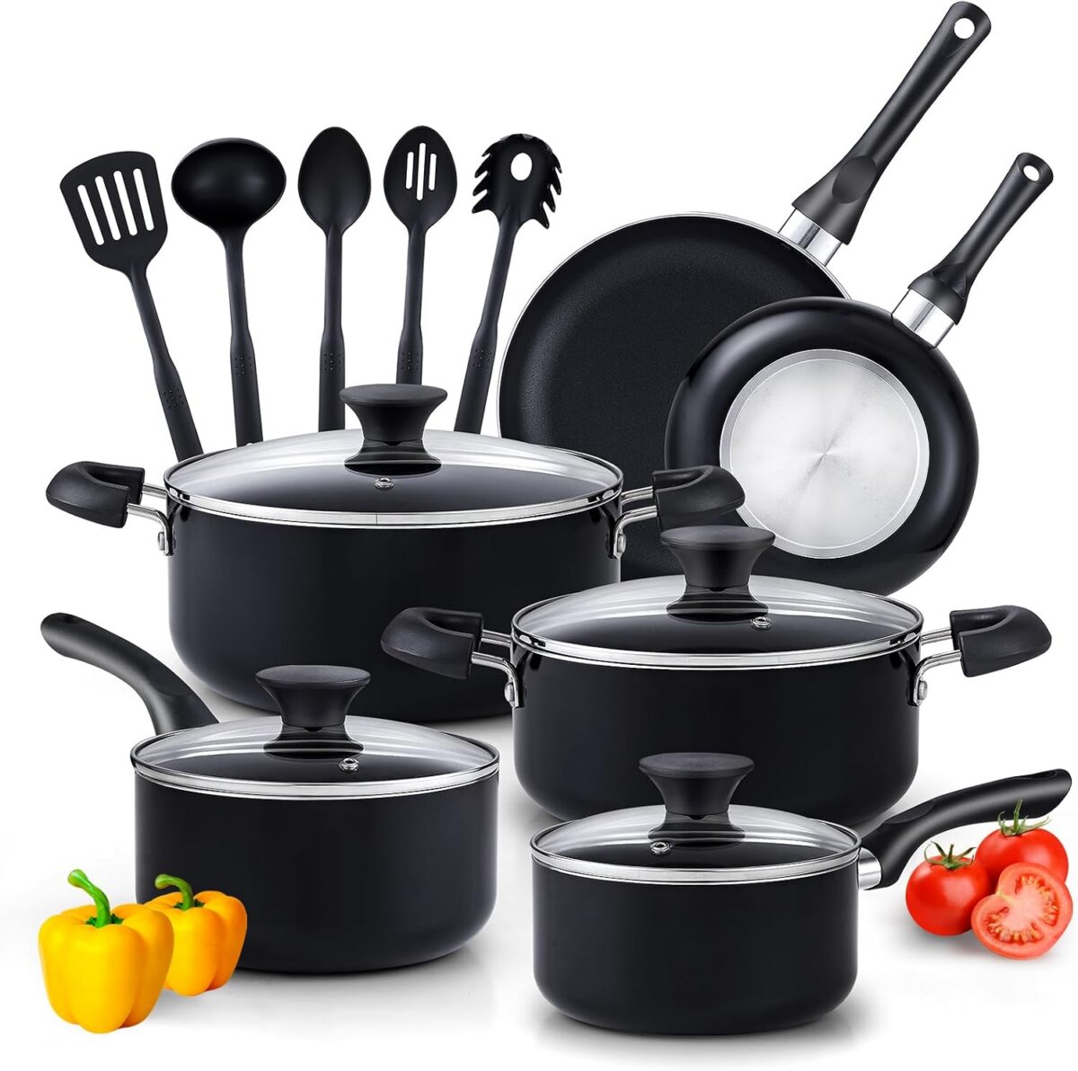 4d99af93-c7d4-4086-beb5-a39fd27df708.jpg Cook N Home - Basics Non-Stick Cooking Set includes Saucepans,Casserole with Lid, Frying Pans, Not Induction Compatible, 15PC - Black