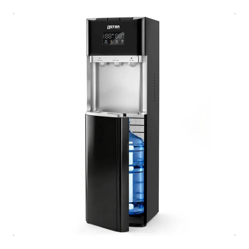 50c49e27-7587-4693-9287-a86a66b9b57b.jpg OSTBA - Bottom Loading Water Dispenser for 3 & 5 Gallon Bottles - 3 Temperatures with Hot, Room & Cold Spouts - Black