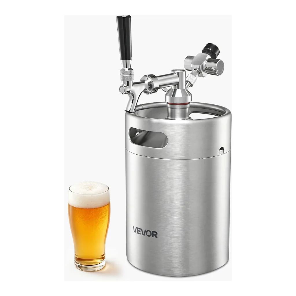 50d51891-64d1-45f2-99d2-c5cba61a1556.jpg VEVOR - 170oz Mini Keg, Pressurized Growler Tap System, 304 Stainless Steel Beer Kit, with Co2 Regulator, Self-Closing Faucet - Silver