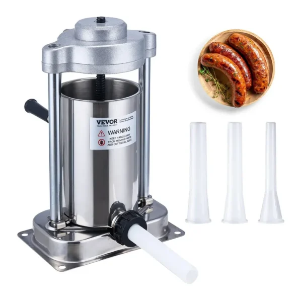 5248e076-42df-49df-8ed8-7a235769fa78.jpg VEVOR 1A-SS305 Manual Sausage Stuffer, 2 L / 5 LBS Vertical Sausage Machine with G-type Clamp, Food-Grade 304 Stainless Steel Barrel – Silver