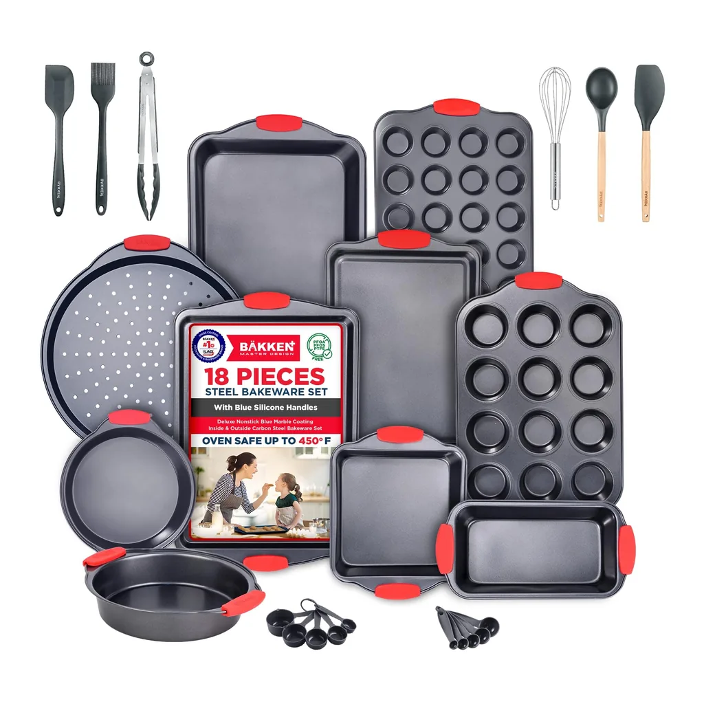 5262cdfd-790b-4f11-9123-d90e8b704555.jpg Bakken- Swiss - BAKKEN Kitchen Baking Pan Set - Nonstick Coating, Carbon Steel Bakeware Sets with Red Silicone Handles, Baking Kitchen E - Black
