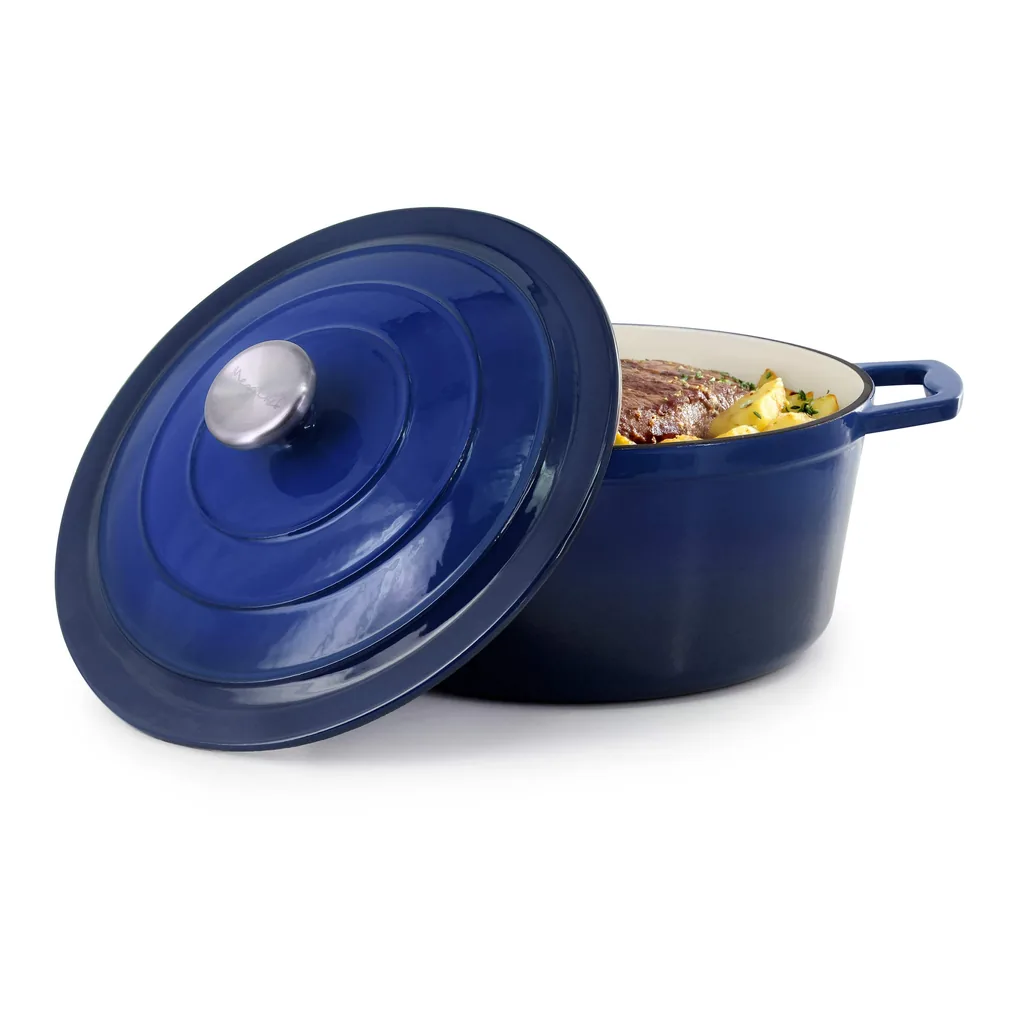 5447c0a1-9616-4c01-b7e1-7982aea1b6a2.jpg MegaChef - 5 Quarts Round Enameled Cast Iron Casserole with Lid in Gradient - Dark Blue