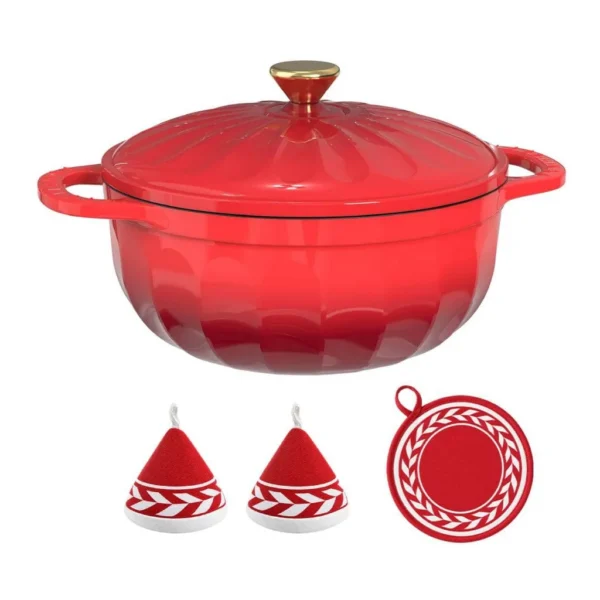 545c9c89-1cb9-4462-8c96-fdf63045650e.jpg Winado - 5 QT Enameled Cast Iron Dutch Oven with Gradient Petal Texture,Heat-Resistant Gloves, Pot Mat for Bread Baking, Roasting - Red