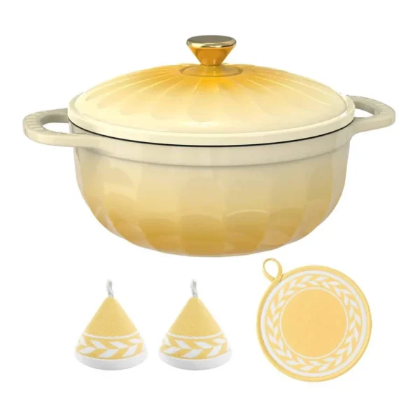 549610c1-3c68-4502-a40d-19ca283ad363.jpg Winado - 5 QT Enameled Cast Iron Dutch Oven with Gradient Petal Texture,Heat-Resistant Gloves, Pot Mat for Bread Baking, Roasting - Yellow