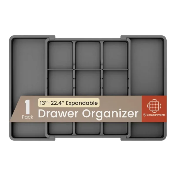 552a8c7a-ea26-4dba-8900-d7982a6b56b2.jpg Bakken- Swiss - Expandable Utensil Drawer Organizer – 5 Compartments, 13"–22.4", Durable, BPA-Free, Easy Clean - Black