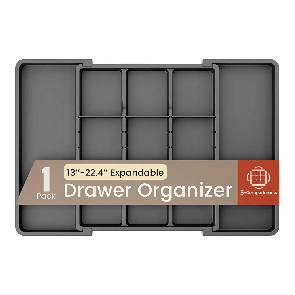 552a8c7a-ea26-4dba-8900-d7982a6b56b2.jpg Bakken- Swiss - Expandable Utensil Drawer Organizer – 5 Compartments, 13"–22.4", Durable, BPA-Free, Easy Clean - Black