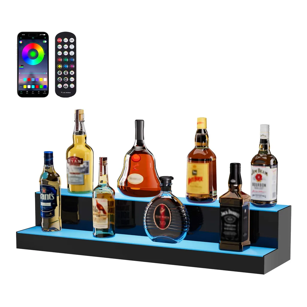56d4d57e-40b4-467e-8d48-4649d5cc5818.jpg VEVOR - LED Lighted Liquor Bottle Display, 2 Tiers 30 Inch Commercial Illuminated Home Bar Shelf, 2 Steps Whiskey Rack Stand - Transparent