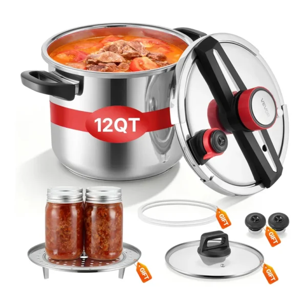 57082418-7750-4ad7-ae9f-d501049e7ec4.jpg VEVOR 26cm/12L Pressure Cooker, 12Qt Pressure Cooker Stainless Steel, Pressures Canner with Steaming Rack, Tempered Glass Lid – Silver