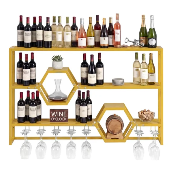 590a2a82-f4ca-43f6-80da-7439c5d05eb4.jpg Costway - Wall Mounted Wine Rack 47" Large Floating Bar Shelves with Glass Holder for Kitchen - Gold