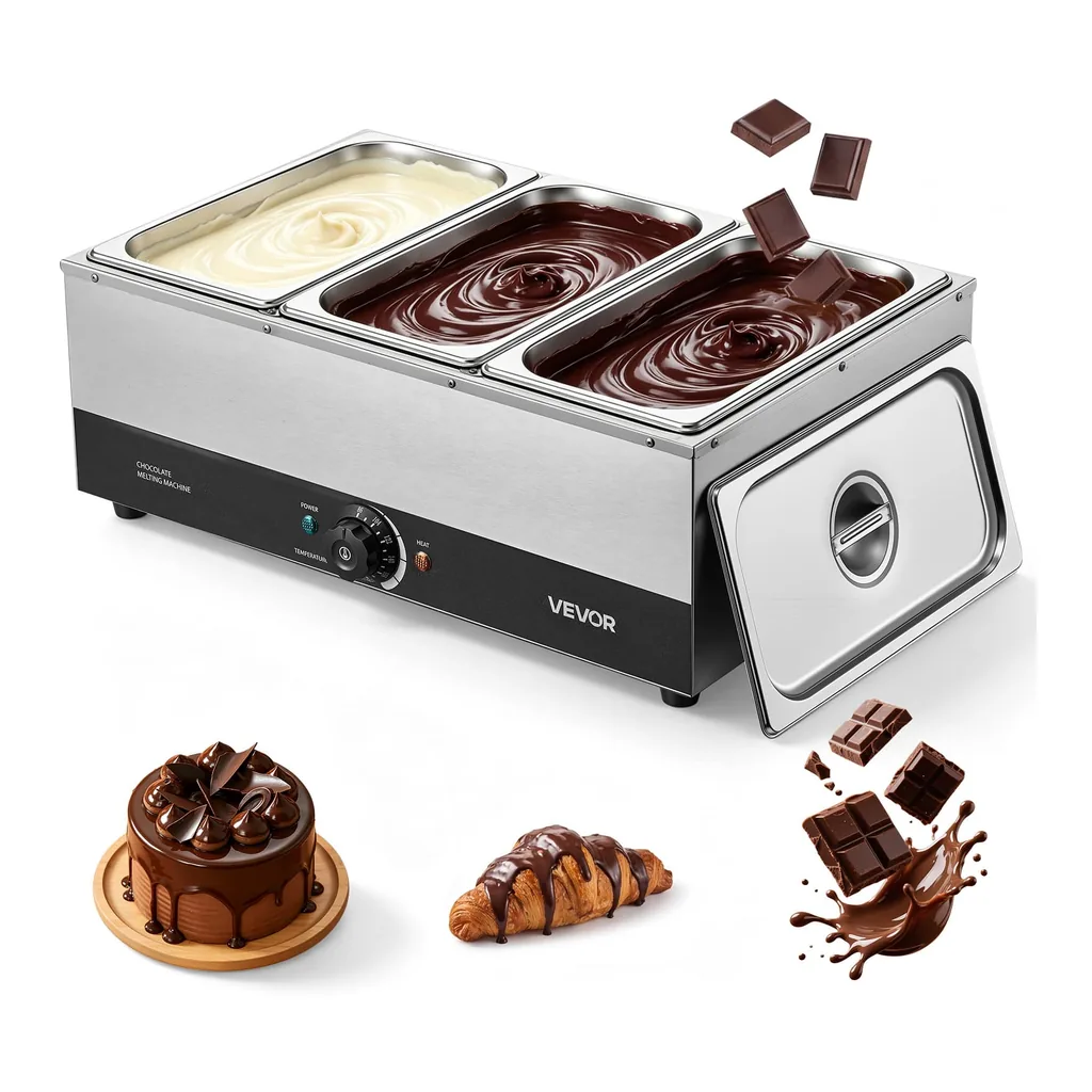 5945a678-089a-4dda-9ee0-904615f638b4.jpg VEVOR - Chocolate Melting Machine, 3 Tanks 27 Lbs Choc Commercial Melter, 1200W High Power, Water Bath Heating System - Silver;Black