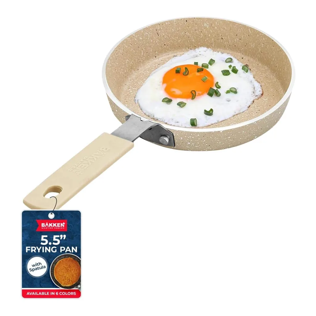 59a386f8-430a-4bed-b140-570d5ebe47c8.jpg Bakken- Swiss - 2-Piece Mini Pan Set – 5.5’’ Non-Stick Egg Pan + Spatula, Cool Handle, Heat Safe, Marble Warm Cream - White Marble