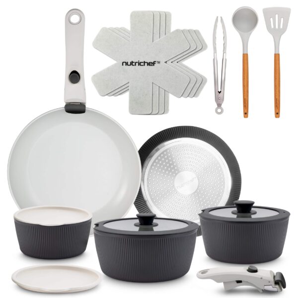 5b2acd9a-302d-46ab-8435-be477a8ba0c4.jpg NutriChef - 18-Piece Ceramic Cookware Set with Detachable Handles, Non Stick Pots and Pans - Gray