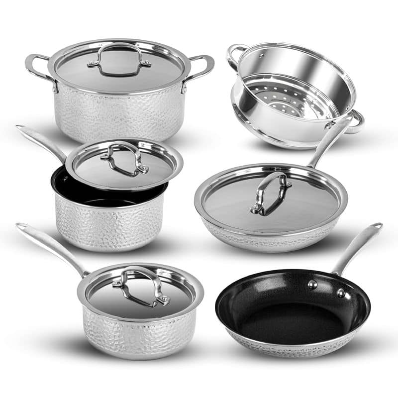 5b51ae6b-68fc-4c72-9885-edab69ab0f5b.jpg Granitestone - Stainless Steel Hammered 10 Piece Nonstick Ceramic Cookware Set - Silver