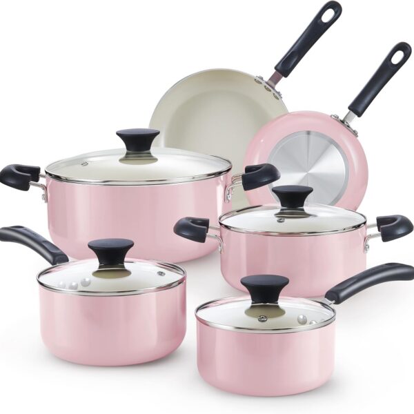 5c268353-0bc0-476e-a08e-4fd8989877c4.jpg Cook N Home - Basics Ceramic Nonstick Cookware Set, 10-Piece, Nonstick Pots and Pans Set - Pink