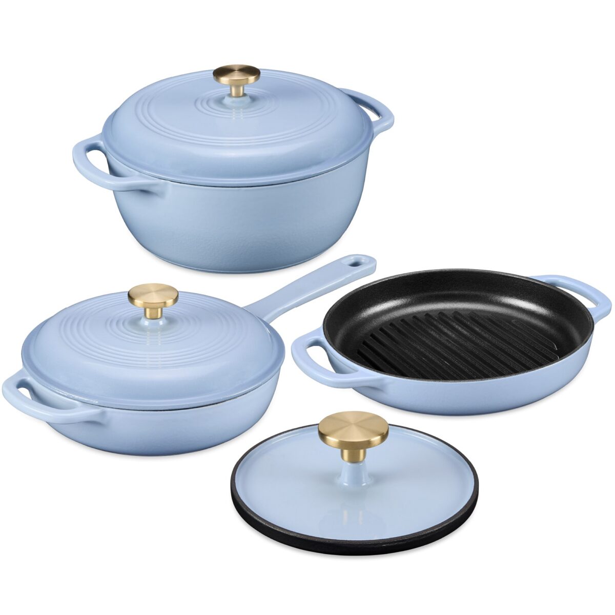 5d4327d7-fa3b-4d04-b0f5-ac7e2cc3bf2e.jpg Best Choice Products - 6-PC Cast Iron Cookware Set, 6Qt Dutch Oven, 2Qt Skillet W/Lid, 10" Grill Pan W/Press - Cornflower