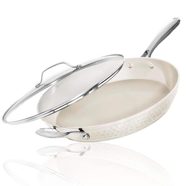 5e5df862-7b5d-4507-85bb-cda36c33c757.jpg Gotham Steel - Hammered 14'' Ultra Ceramic Nonstick Fry Pan with Lid - Cream