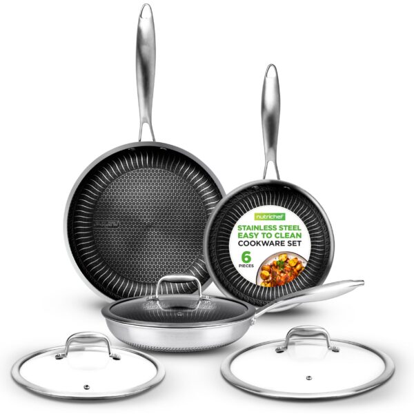 Version 1.0.0 NutriChef - 6-Piece Tri-Ply Frying Pan Set, 8", 10", 12" Non-Stick, Oven & Dishwasher Safe (NC3PFRY3) - Stainless Steel