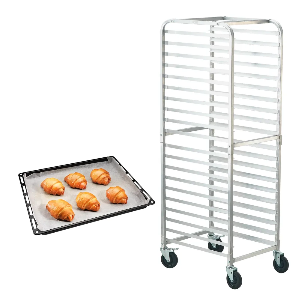 60ec84c0-f414-457b-a179-a2e861607e62.jpg VEVOR - Bun Pan Rack, 20-Tier Commercial Bakery Racks with Brake Wheels, Aluminum Racking Trolley Storage for Half & Full Sheet - Silver