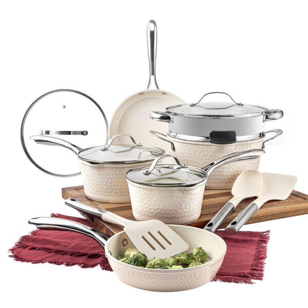 6279d437-0b9b-4db0-8b01-cba44e3a3486.jpg Gotham Steel - Hammered 15-Piece Ultra Ceramic Nonstick Cookware Set with Utensils - Cream