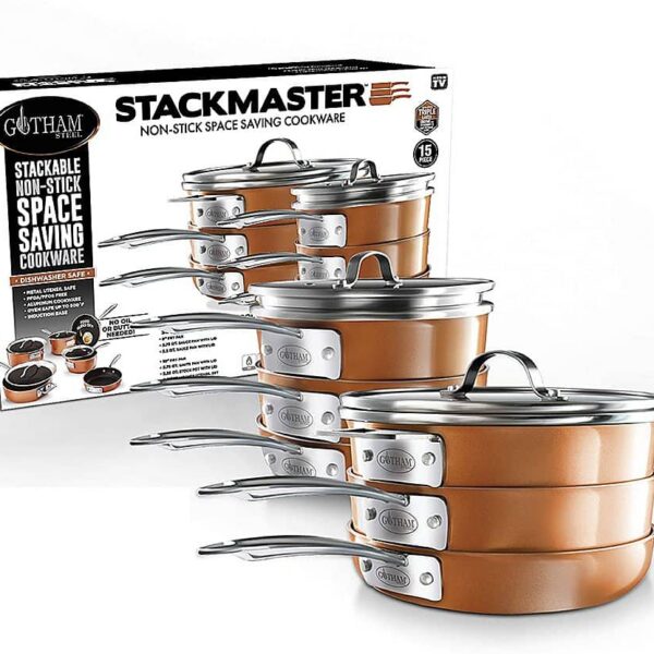 6425882_rd.jpg Gotham Steel - StackMaster 15-Piece Aluminum Ultra-Nonstick Cast Textured Ceramic Coating Cookware Set - Copper