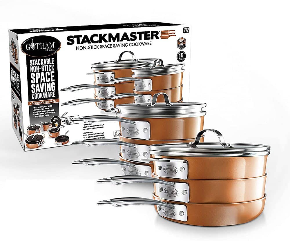 6425882_rd.jpg Gotham Steel - StackMaster 15-Piece Aluminum Ultra-Nonstick Cast Textured Ceramic Coating Cookware Set - Copper