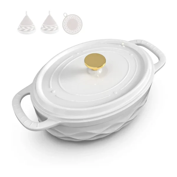 64d77815-2655-46e3-baaa-3a8d80a6fcd5.jpg Winado - 7.5 QT Oval Enameled Cast Iron Dutch Oven Pot with Diamond Texture & Self-Basting Lid & Heat Resistant Mitts & Pot Mat - White