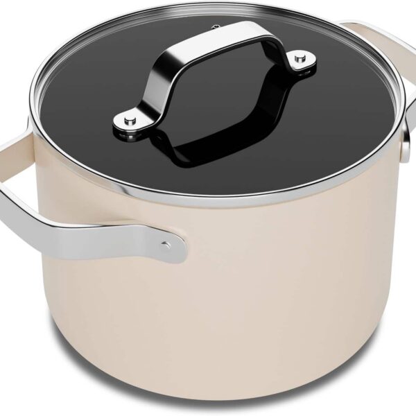 65dea858-99a5-430c-9369-62223fc2b1e2.jpg Bakken- Swiss - 3 Qt Aluminum Stock Pot, Nonstick Ceramic Coating, PTFE & PFAS Free, Oven Safe 500°F, SS Handles, Glass Lid - Cream