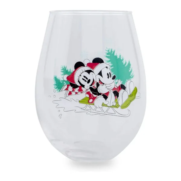 6710baf1-9383-483f-b4db-bfbce37ce8cc.jpg Disney - Mickey and Minnie Christmas Sled Stemless Wine Glass | Holds 34 Ounces - Red