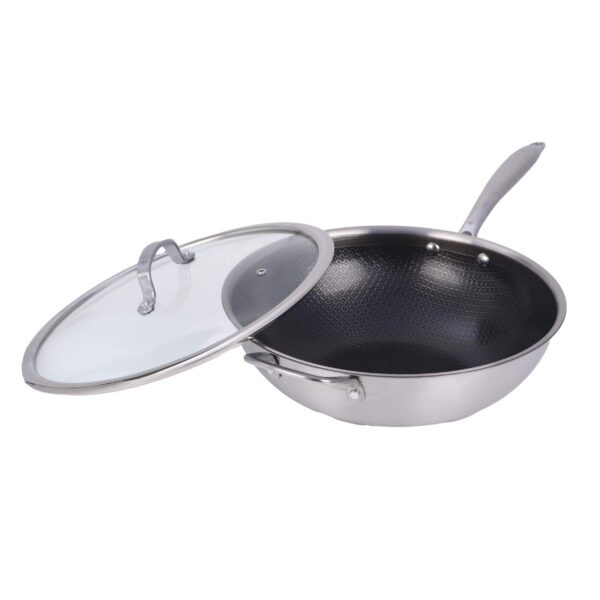 67fdb90e-6c79-4a28-9a09-db5055ebf511.jpg Brentwood - 12-inch 4.2 Quarts Hybrid Non-Stick Stainless Steel Wok with Glass Lid - Silver