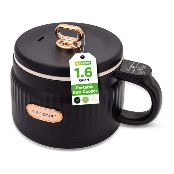 680684f2-60c7-42fa-bf8c-4fe7c2ea5b95.jpg NutriChef NC12BBLACK 1.6 QT Portable Electric Rice Cooker & Lunch Maker, Multi-Functional with Non-Stick Ceramic Coating – Black