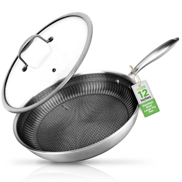 68b08009-b13b-4a05-b12e-fc70aedd4950.jpg NutriChef - 12" Frying Pan with Lid, Triply Hybrid Large Skillet, Scratch-Resistant (NC3PL12) - Stainless Steel