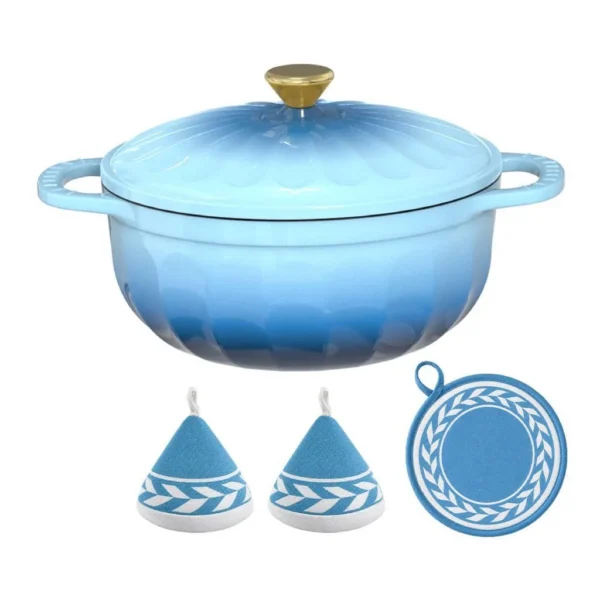 6a2dc4ec-0e19-4512-b0a5-821c9f06529f.jpg Winado - 5 QT Enameled Cast Iron Dutch Oven with Gradient Petal Texture,Heat-Resistant Gloves, Pot Mat for Bread Baking, Roasting - Blue