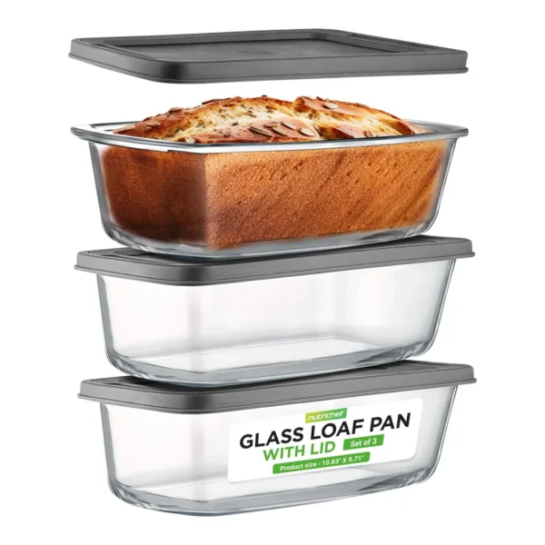 6a332099-9920-4dc6-a7f2-90729e33fd92.jpg NutriChef - 6-Piece Glass Loaf Pans for Baking, 7.6 Cups, 3 Pans with Lids, Oven & Microwave Safe (NCGL3LF) - Clear