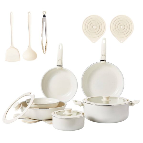 6b51ef52-efaf-41ab-a9c8-4c7f750455d7.jpg Winado - 22 Piece Nonstick Cookware Set with Non Stick Surface, Detachable Handles, 6 Pots & 3 Lids, Dishwasher Safe, All Stoves - White