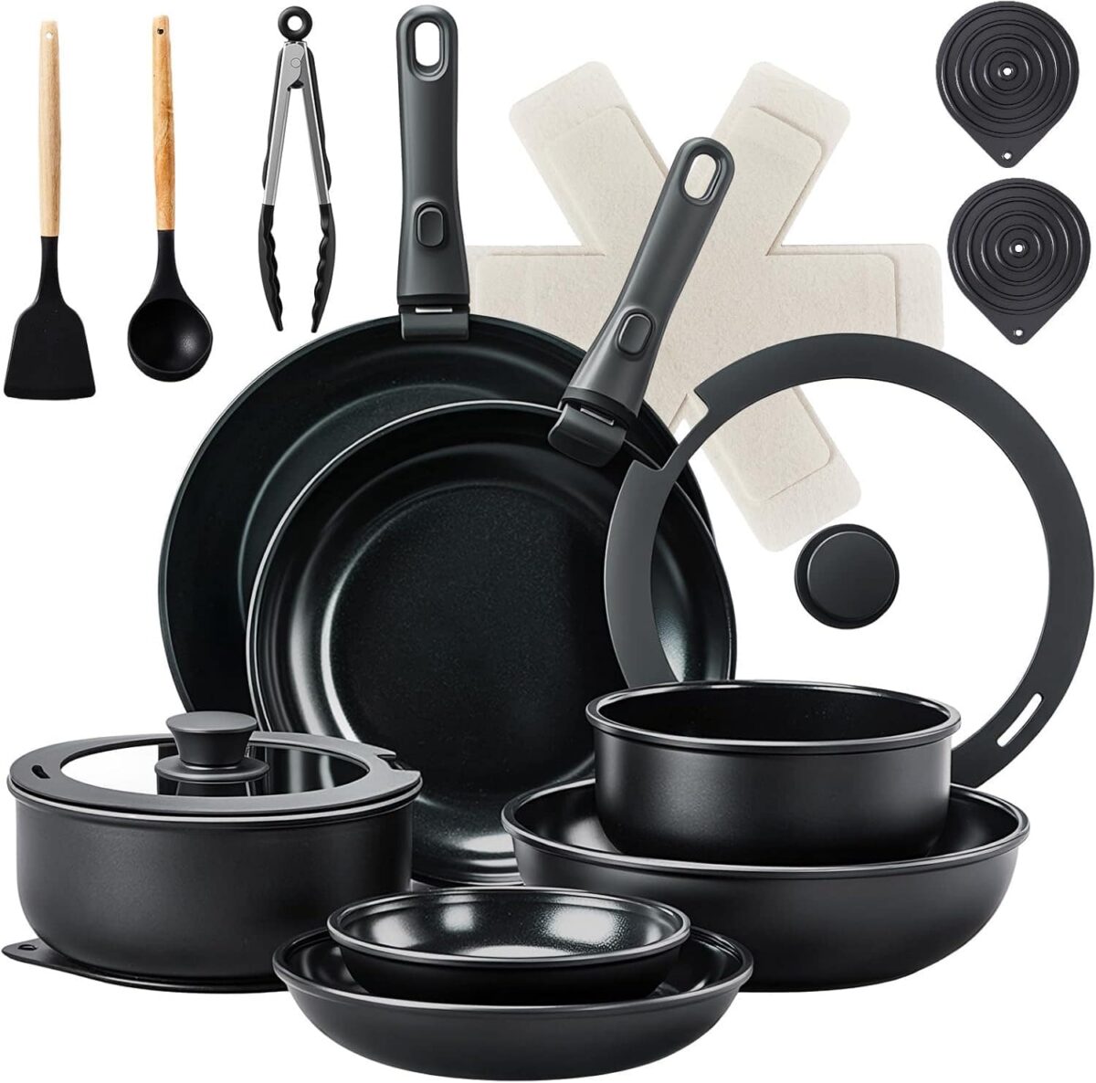 6bd4cd6c-7929-4291-8e55-24935144e6cb.jpg Winado - 23 Pcs Nonstick Pots and Pans Set Cast Aluminum Cookware with Detachable Handles, Glass Lids, Saucepans, Frying Pans New - Black