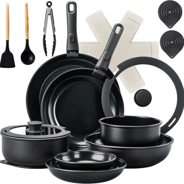 6bd4cd6c-7929-4291-8e55-24935144e6cb.jpg Winado - 23 Pcs Nonstick Pots and Pans Set Cast Aluminum Cookware with Detachable Handles, Glass Lids, Saucepans, Frying Pans New - Black