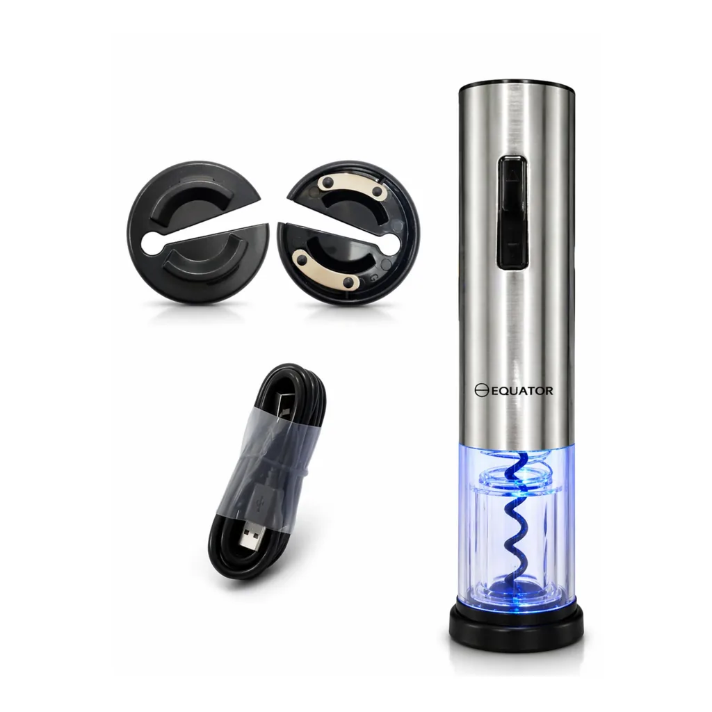 6c201549-0c60-4f84-91cf-4eeb703dbf35.jpg Equator - Electric Wine Opener Cordless w/ Charging Base, Automatic Corkscrew, LED Light, Foil Cutter - Stainless Steel
