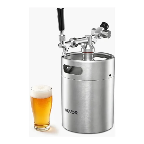 6c25786a-4207-48ed-837b-7101ea6736c7.jpg VEVOR - 128oz Mini Keg, Pressurized Growler Tap System, 304 Stainless Steel Beer Kit, with Co2 Regulator, Self-Closing Faucet - Silver