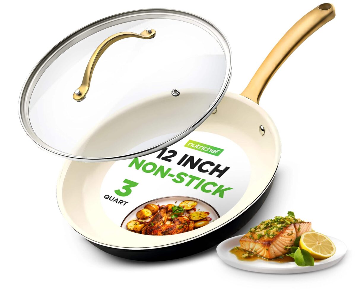 6c64bc45-5df5-4dfb-b15a-fab87d2d396b.jpg NutriChef - 12-Inch Ceramic Frying Pan with Lid, Golden Titanium Handle, Non-Stick, Easy to Clean (NCHGLDX12) - Stainless Steel